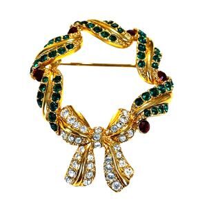 Vintage Monet Christmas brooch gold with green red white rhinestones wreath pin